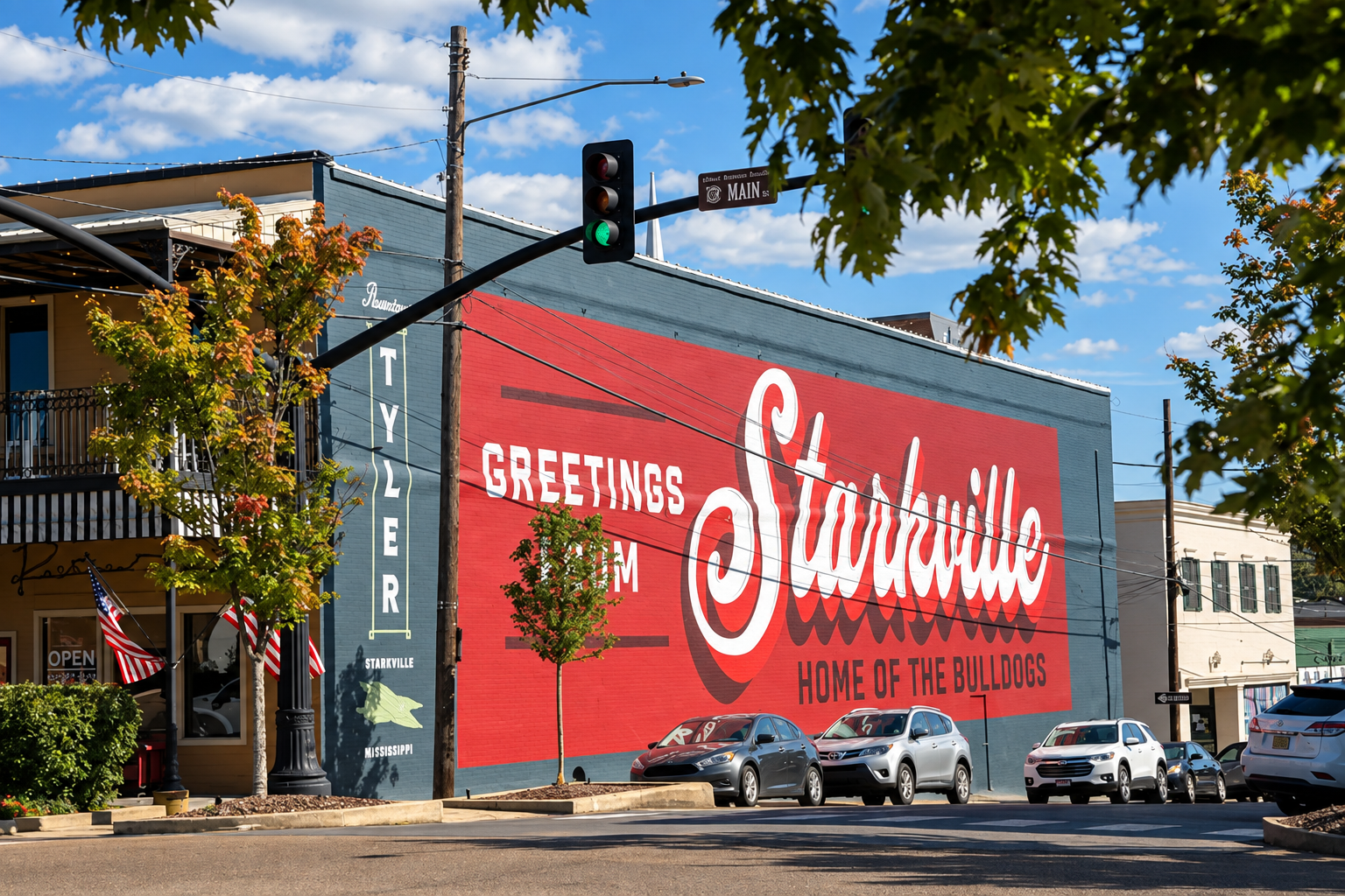 Greetings from Starkville mural in downtown Starkville, Mississippi