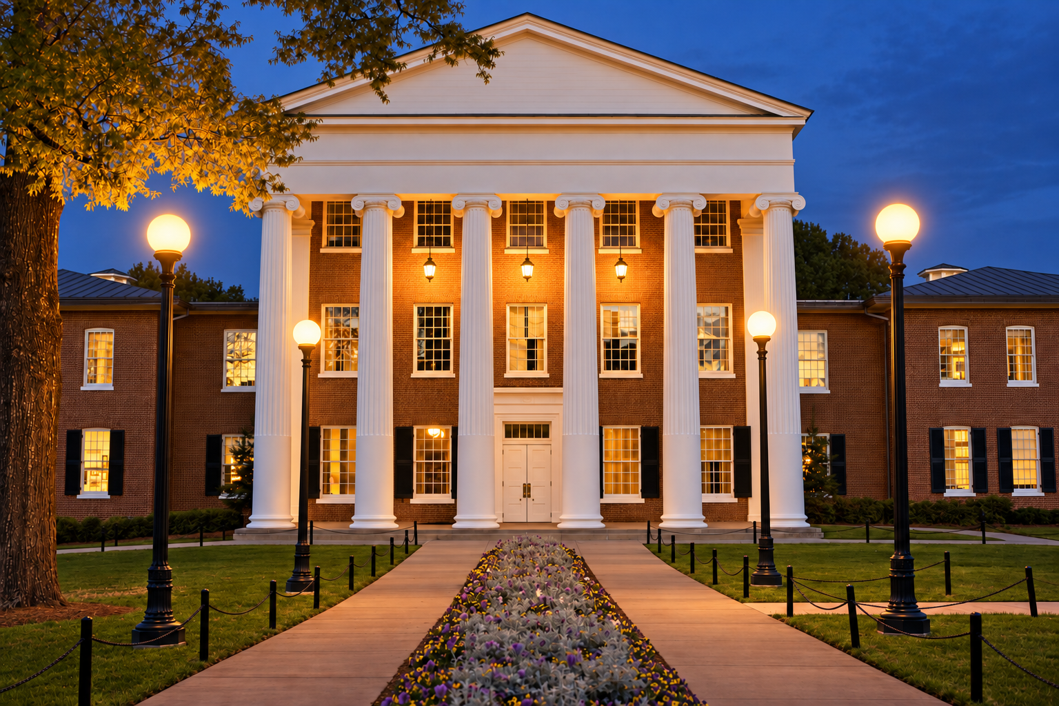 Historic columned building in Oxford, Mississippi at dusk